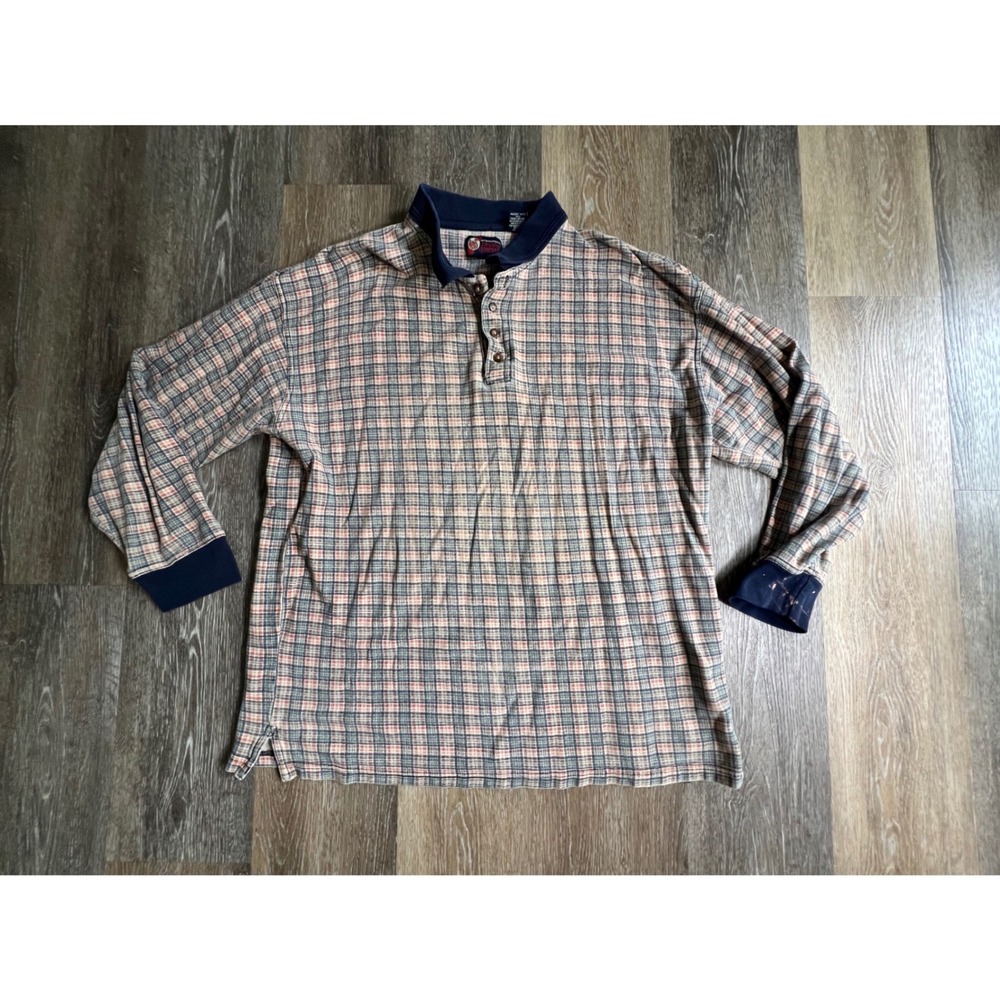 International Trading Company Polo Shirt Mens XXL Blue Orange Plaid Long Sleeve